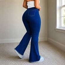 Plus Size High Waist Flare Jeans, High Elasticity Light Blue Denim Pants, Slim Fit Flare Leg With Frayed Hem Design, Casual Pants Fall - Royal Blue - View 5