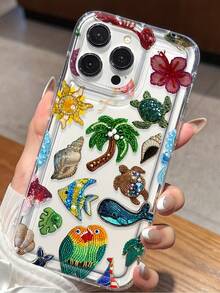 1個氣墊珠飾刺繡鸚鵡椰子樹極簡個性化TPU防摔全包手機殼，適用於Apple 17 16 15 14 13 12 11 Pro Max Air 及系列 - 彩色 - 查看 3