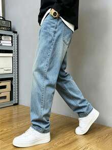 Men's Washed Embroidered Denim Pants Are Comfortable And Versatile For Daily Wear, Suitable For All Seasons, Back To School, Party Gatherings - Medium Wash - View 2