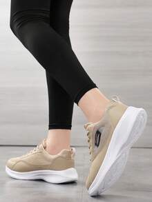 Women's Light Khaki Mesh Breathable Sports Shoes, Lightweight Soft Sole Shock-Absorbing Casual Running Shoes, Low-Top Lace-Up Non-Slip Versatile White Sneakers, Simple Versatile Height-Increasing Chunky Sneakers, Suitable For Daily Commute, Outdoor Jogging, Fitness Training, Student Campus, Shopping And Travel, Comfortable All-Season Women's Shoes That Don't Tire Feet - Beige - View 5