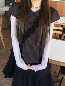 Retro Versatile Japanese Style Plaid Peter Pan Collar Short Sleeve Shirt Summer - Coffee Brown - View 10