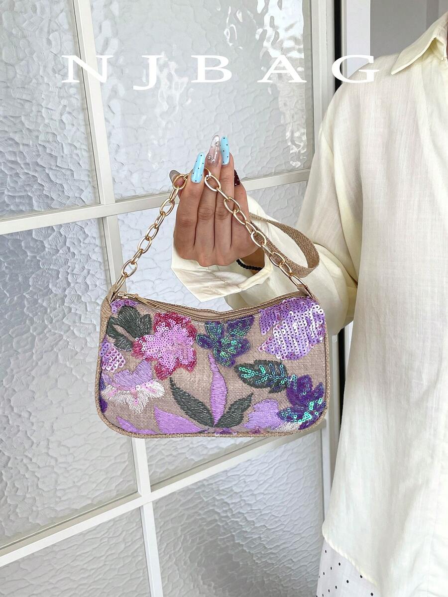 Mini Minimalist Chain Strap Solid Color Floral Pattern Shoulder Bag (Floral Position Randomly Varies)