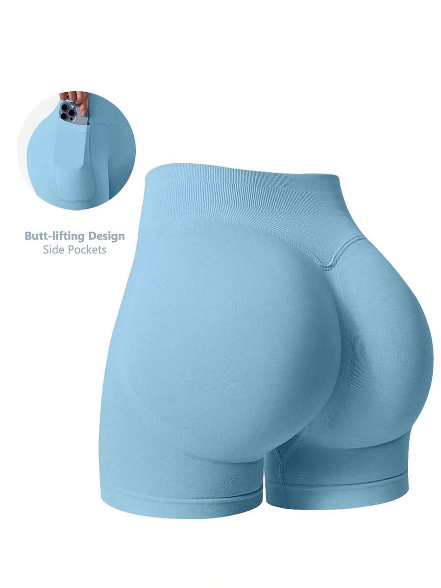 NcmRyu Women's Seamless Shaping Gym Workout Shorts With Side Pockets And Butt-Lifting Cycling Pants