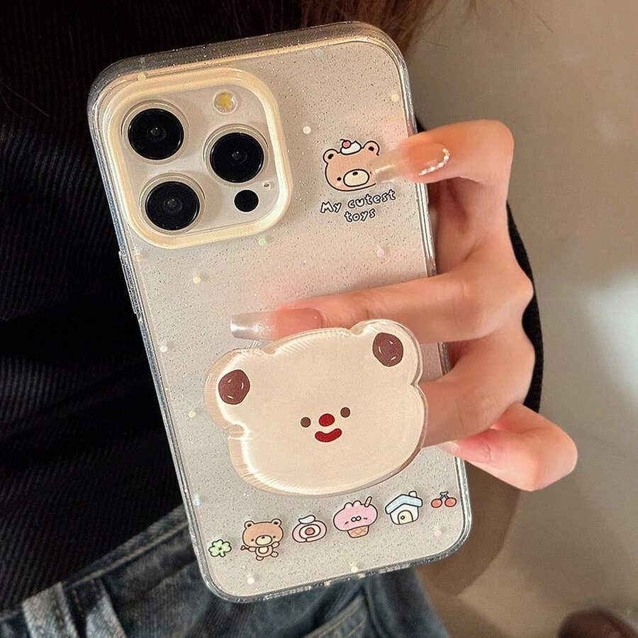 Cute 1pc Transparent Glitter Bear Head Cell Phone Case, Soft & Adorable Full Cover Protective Case Compatible With Apple IPhone 16/15/14/13/12/11 Series