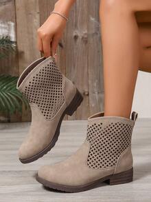 Khaki Hollow Random Asymmetrical Spring/Summer Women's Flat Round Toe Comfortable Casual Versatile Vacation School Commute Daily Fashion Ankle Boots - Khaki - View 1