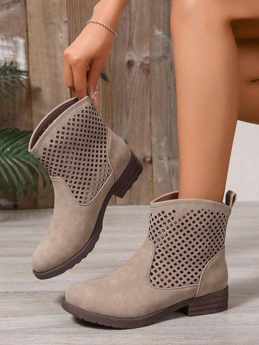 Khaki Hollow Random Asymmetrical Spring/Summer Women's Flat Round Toe Comfortable Casual Versatile Vacation School Commute Daily Fashion Ankle Boots - Khaki - View 1