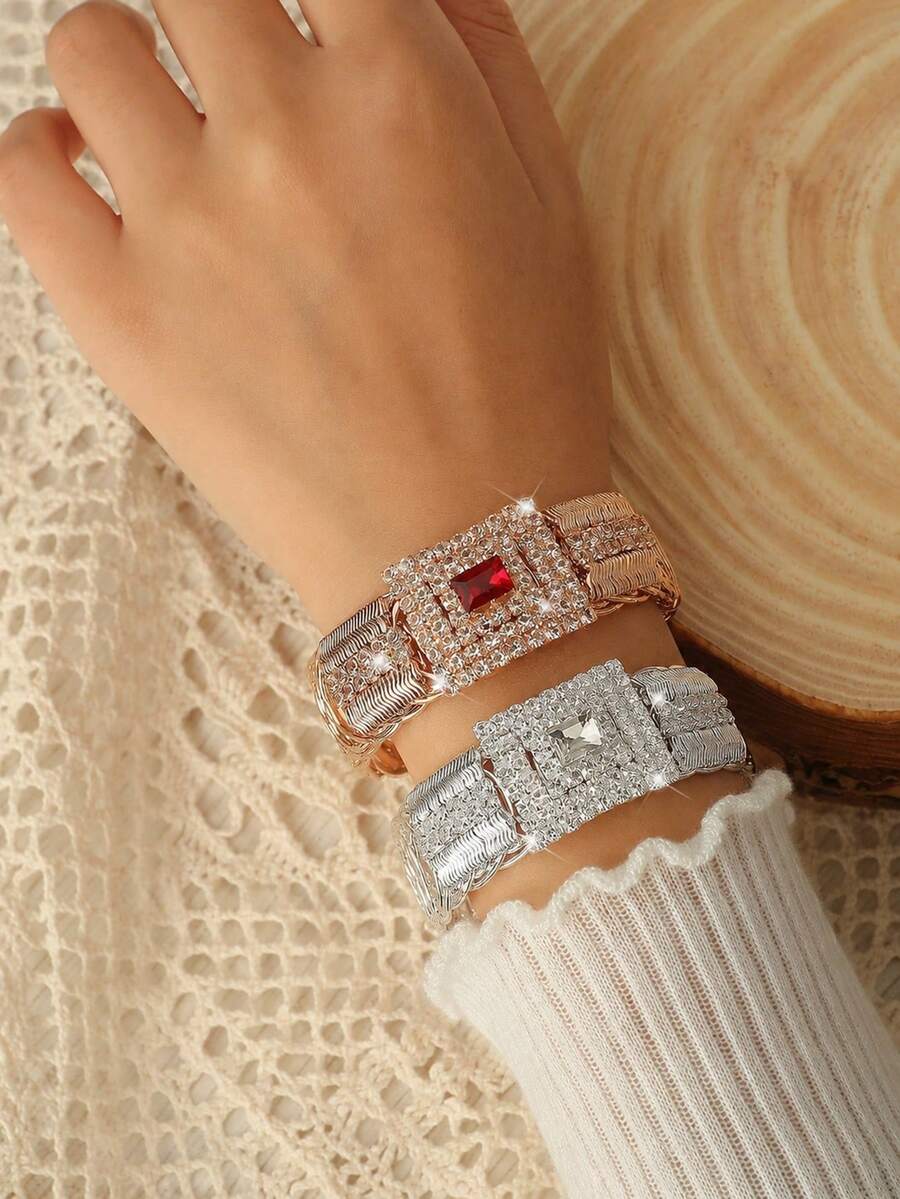 1 pieza Brazalete cuadrado con strass completo, apertura de resorte, regalo de fiesta, boda, joyería decorativa de moda - Plata + Rojo 2 piezas - Ver 1