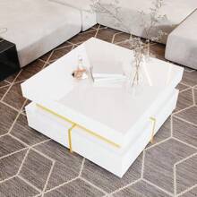 High-Gloss Coffee Table / Modern Coffee Table / MDF Living Room Table / Side Table With Drawers And Gold Accents / With Two Drawers / Easy To Clean And Assemble - White - View 1