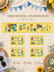 1 pieza - Camino de mesa de temporada escolar con manteles individuales a juego, decoración de mesa con estampado de libros, manzana y autobús amarillo brillante, juego de comedor de vuelta al colegio para cocina, aula y fiesta - Multicolor - Ver 11