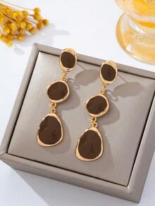1 Pair French Vintage Glazed Asymmetrical Geometric Long Earrings, Suitable For Women's Daily Wear, Dating, Banquet, Party, Wedding Accessories - Coffee Brown - View 2