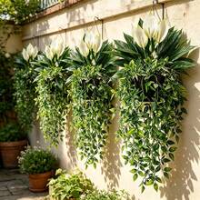2pcs Set Artificial Peace Lily And Mandara Vine Combination, Suitable For Outdoor Garden Hanging Decor, Archway Styling, Window Sill Display, Wedding And Patio Decoration - Multicolor - View 4