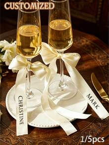 1/5PCS Personalized Wedding Champagne Flute Decorations,Vinyl Letter Ribbon,Custom Champagne Flute Ribbon,Ribbon Name Tags,Beverage Name Tags - Multicolor - View 2