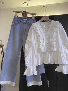 ii Women's Solid Color Button Design Ruffle Trim Flare Sleeve Blouse White - White - View 5