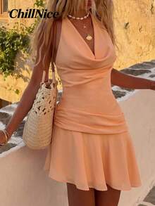 女款桃色垂領垂領洋裝，後背繫帶設計搭配縮褶腰部細節，百搭迷你洋裝，適合早午餐、外出及夏季穿著 - 橘色 - 查看 6