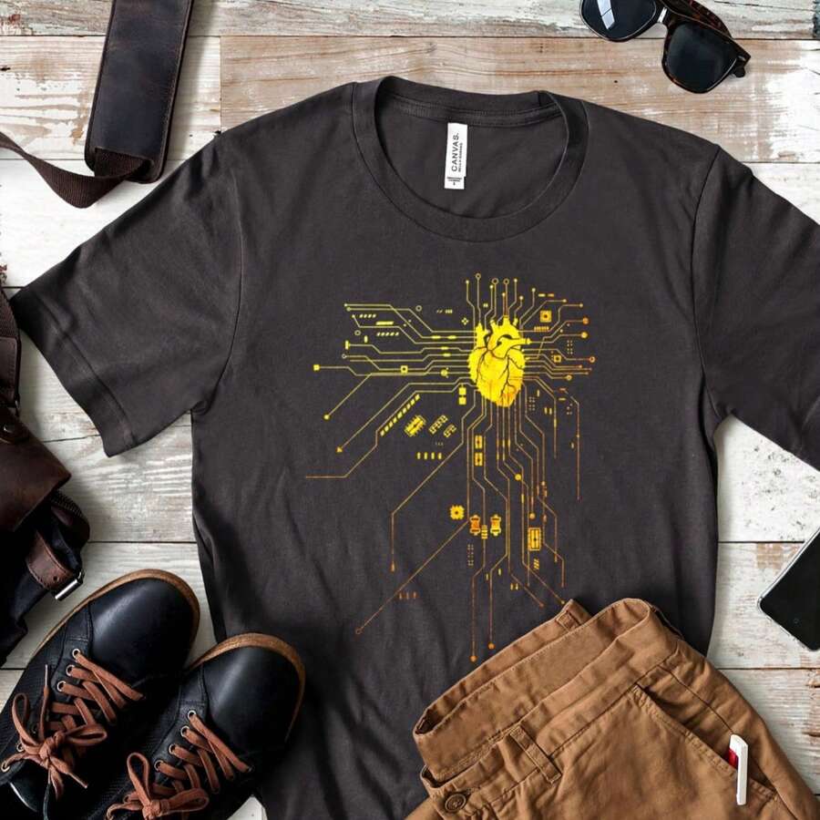 Digital Heart Circuit T-Shirt - Unique Human Organ Graphic Tee - Black - View 1