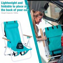 Folding Beach Chair, 4 Position Portable Backpack Foldable Camping Chair With Headrest Cup Holder And Wooden Armrests, Green - 1 - View 4