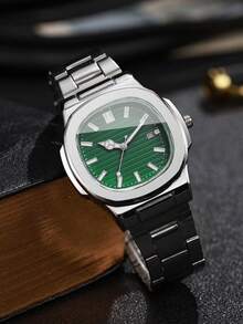 Men's Classic Fashion Square Striped Scale Calendar Dial Business Versatile Quartz Wristwatch, Gift For Boyfriend (1pc/Set) Watch Box Not Included - Silver - View 9