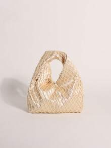 SCULPTEDSTYLE BAGS 1件貝殼片亮片裝飾流蘇女款波波手提包 時尚杏色緞面底網格手編手工美人魚亮片網編手提包 夏季海灘旅行度假泳池派對多場景適用 (由雲母貝殼片製成，天然裂紋、雜質和缺陷屬正常現象) - 杏色 - 查看 7