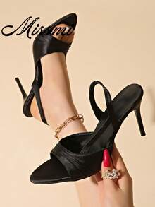 12cm Single Strap Stiletto High Heel Sandals 2026 Summer New Rhinestone High Heels Deep Purple Satin High Heel Shoes For Women - Black - View 1