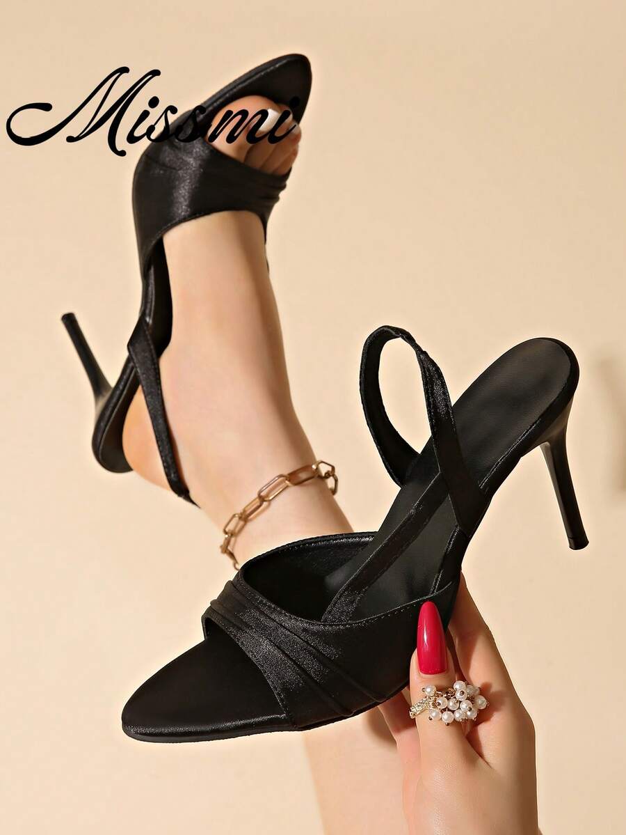 12cm Single Strap Stiletto High Heel Sandals 2026 Summer New Rhinestone High Heels Deep Purple Satin High Heel Shoes For Women - Black - View 1