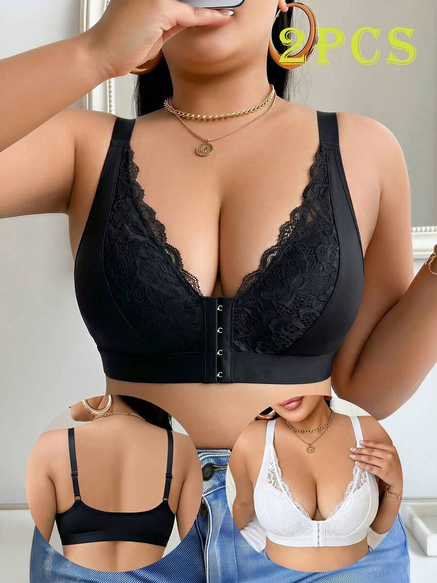 2pcs Ladies Plus Size Lace Front-Clasp Bra , No Padding, Adjustable Straps, Breathable, Ideal For Daily Wear, Lingerie For Women, Bra Plus Size Women - 彩色 - 查看 1