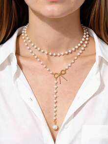 1pc Elegant Y-Shaped Beaded Bow Pendant Necklace, Minimalist Clavicle Chain Accessory For Girl - one-size - View 7