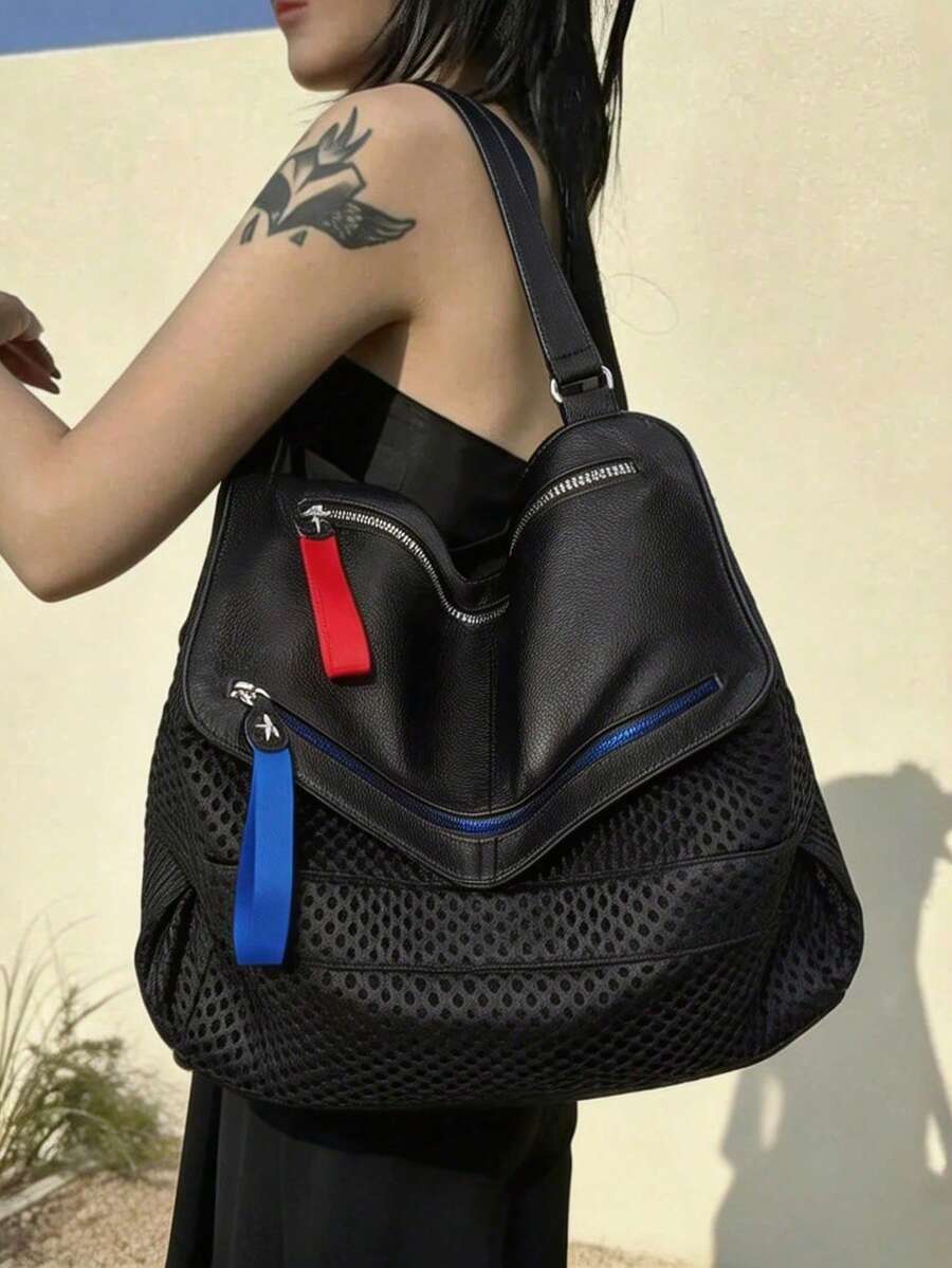 Ladies' Large Capacity Black Shoulder Bag, Sports Style Mesh Splicing Tote Bag, Contrasting Zipper Details - Black - View 1