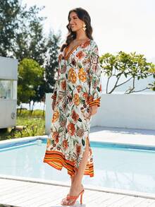 Plus Size Floral Print V Neck Batwing Sleeve Kaftan Dress Loose Flowy Maxi Beach Cover Up For Summer Wedding Vacation Party Lounge Wear - Orange - View 7