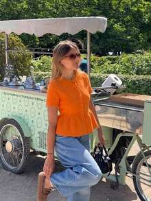 Women's Orange Knitted Short Sleeve Cardigan, Round Neck, Ruffle Hem, Medium Stretch, Lightweight And Breathable, Suitable For Spring And Summer - Orange - View 7