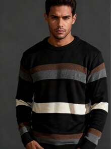 Men's Knitted Sweater, Round Neck, Long Sleeves, Premium Wool, Basic And Comfortable Winter Clothing - 黑色條紋 - 查看 3