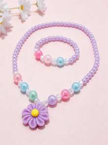 2pcs/Set Girls Cute Flower Pendant Beaded Necklace Bracelet Jewelry Set, Suitable For School, Holiday Party, Birthday Gift, Daily Wear - one-size - View 10