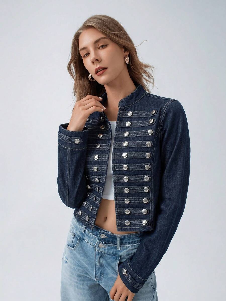 HZXVIC 女款新款復古設計立領翻領街頭風金屬鈕扣短版時尚牛仔夾克