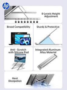 HP Portable Folding Laptop Stand: Aluminum Alloy Material, Adjustable Ergonomic Height Riser, Hollow Heat Dissipation Design, Anti-Slip And Stable, Compatible With Most Laptops And IPads. - View 2
