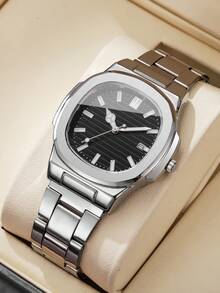 Men's Classic Fashion Square Striped Scale Calendar Dial Business Versatile Quartz Wristwatch, Gift For Boyfriend (1pc/Set) Watch Box Not Included - Silver - View 1