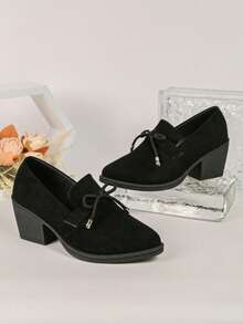 Pointed Toe Mary Jane Suede Women's Shoes Plus Size All Season New Slip-On Versatile Comfortable Thick Heel Low Vamp Shoes - Black - View 7