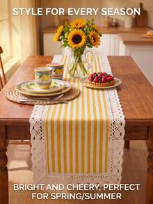 1 pièce Chemin de table style campagne américaine simple à bordure de lotus rayé, décoration de table de cuisine et de salle à manger, chemin de table pour table à thé, nappe multifonctionnelle rectangulaire pour table basse, meuble TV, entrée, convient pour les rassemblements de vacances, les fêtes d'anniversaire, les mariages, les dîners, les restaurants, le salon, tapis de table basse, décoration de maison, décoration de pièce, toutes saisons - Jaune citron - Voir 7