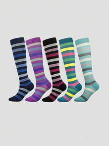 5/1 Pairs Unisex Multi-Color Striped Professional Sports Compression Socks Suitable For Running, Cycling, Hiking, And Long Standing - Multicolor - View 10