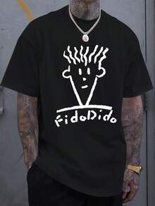 1Pcs Retro Casual 100% Cotton Men's Short Sleeve Tee, Fido Dido Joyful Face Cartoon T-Shirt For Travel & Airport Outfit - Noir - Voir 1