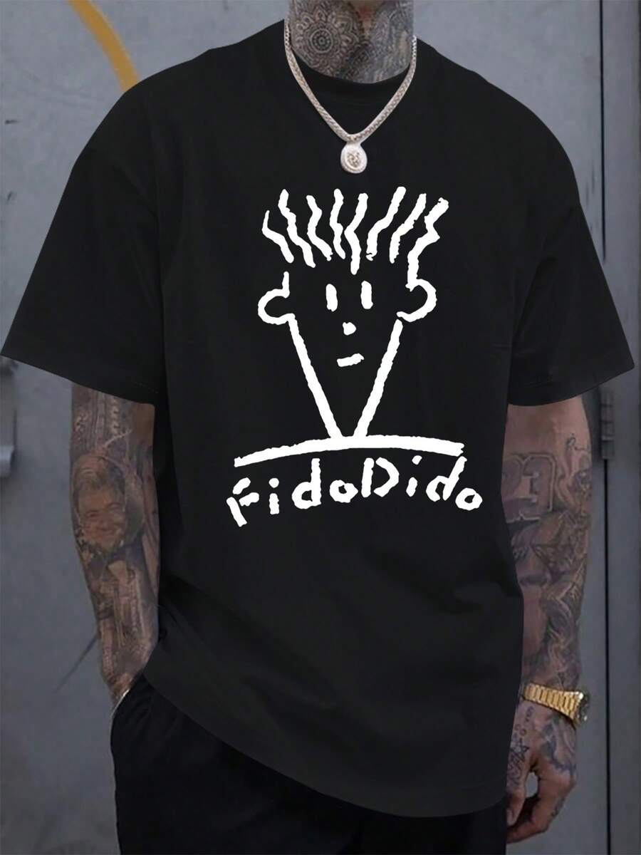 1Pcs Retro Casual 100% Cotton Men's Short Sleeve Tee, Fido Dido Joyful Face Cartoon T-Shirt For Travel & Airport Outfit - Noir - Voir 1