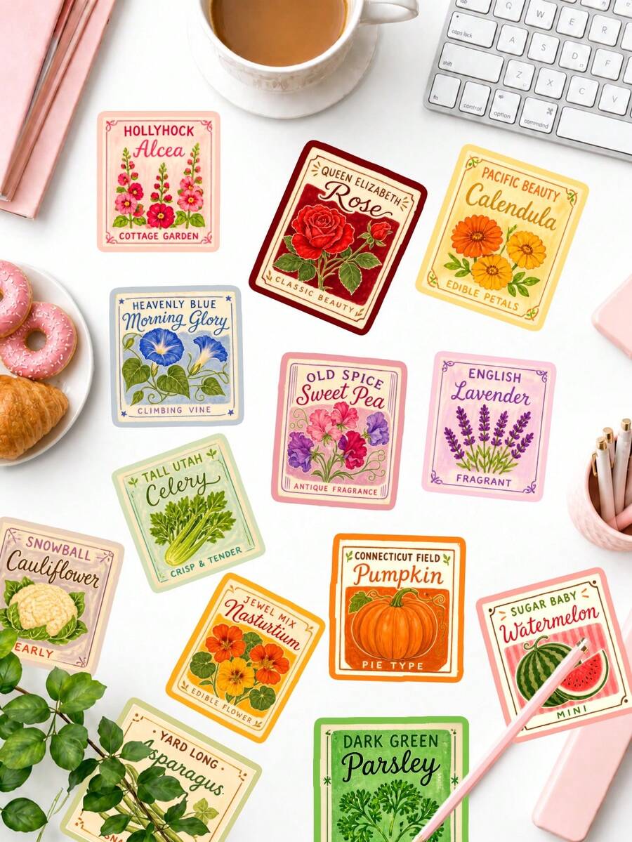 50Pcs Retro Vegetable & Flower Seed Packet Paper Sticker Pack, Old-Fashioned Garden Prints For Planner, Notebook & Plant-Themed Crafts - Multicolor - View 1