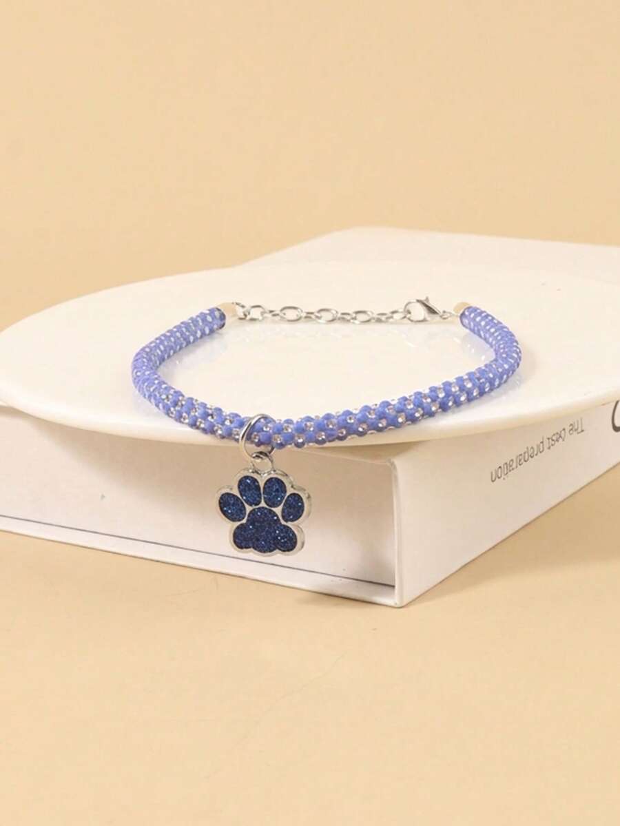 Blue Paw Print Rhinestone Collar, Suitable For Cats And Dogs, Comfortable For Small To Medium Sized Pets, Suitable For Year-Round Wear, Suitable For Home Daily Use Or Outdoor Walking And Playing (Note: Product Is Fragile, Do Not Overstretch) - Blue - View 1