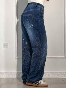 Women's Casual Wide Leg Jeans, Rhinestone Decor, Long Non-Stretch Fabric, Zipper Design - Dark Blue - View 4