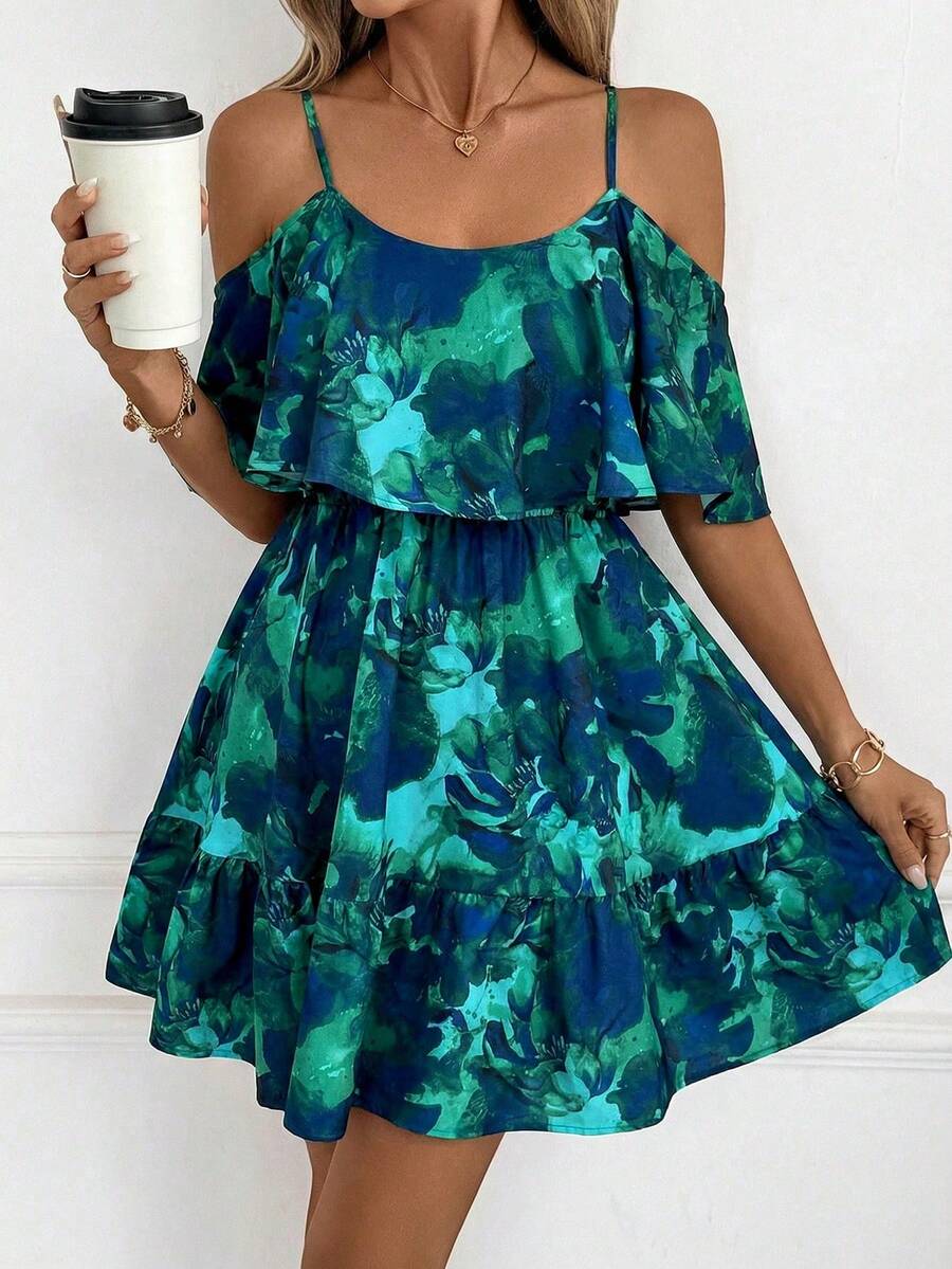 Clasi Vestido minielegante de mujer con estampado floral y hombros al descubierto, vestido casual cómodo para vacaciones y playa - Verde - Ver 1