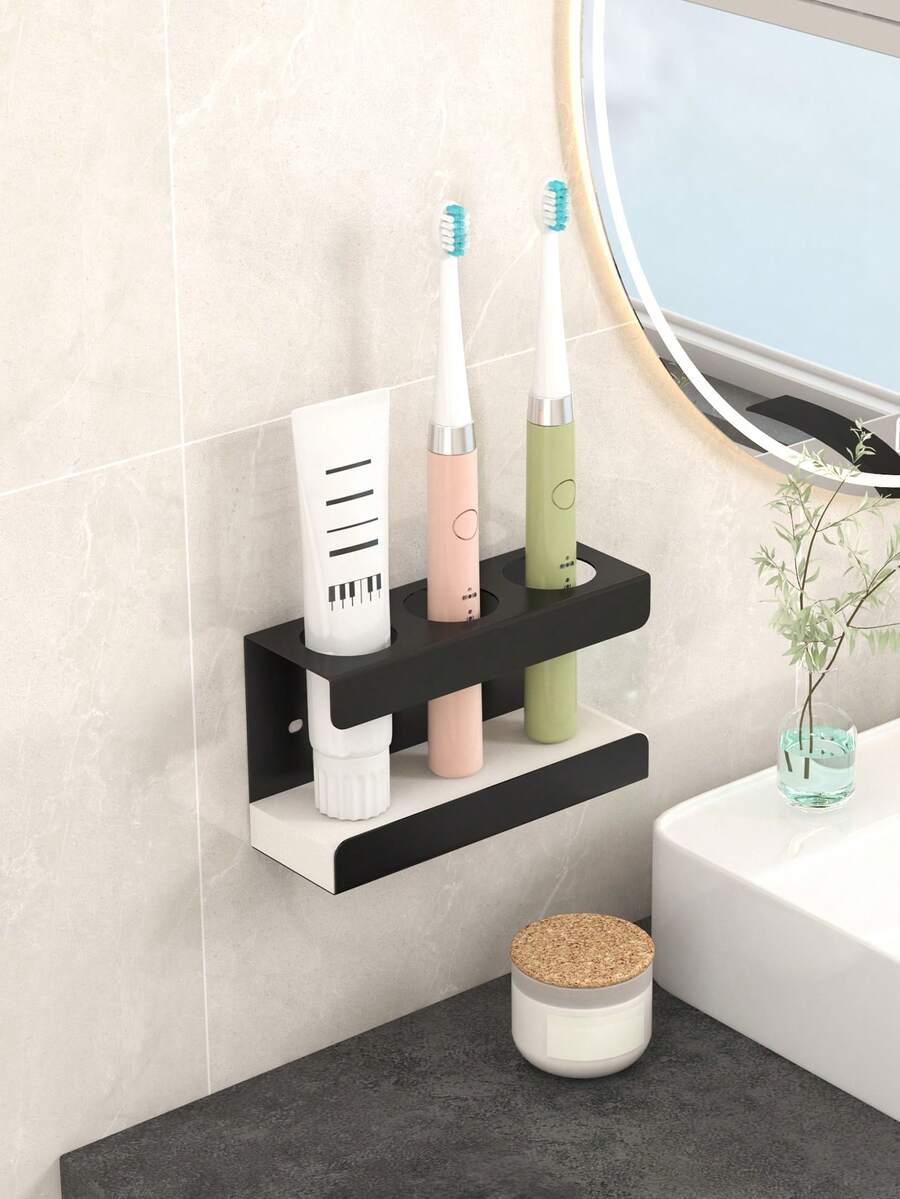 1 pieza Soporte para cepillo de dientes, Caja organizadora de cepillo de dientes eléctrico con base de esponja absorbente, Caja de almacenamiento de 3 ranuras, Estante de cepillo de dientes montado en la pared del baño, Soporte multifunción para cepillo y pasta de dientes – Accesorio esencial para la ducha - Multicolor - Ver 1