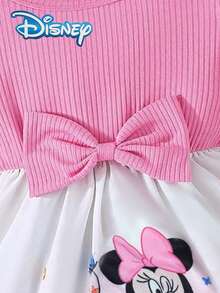 [Official Licensed]Disney Mickey Mouse Autumn/Winter Bow Long Sleeve Dress, Featuring Cute Minnie Mouse Cartoon Pattern, Slightly Elastic, Suitable For Girls' Daily Wear, Great Gift - Pink - View 6