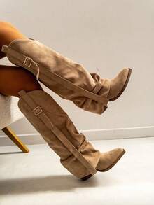 REYNEA Women's Cowboy Boots With Elegant Y2K Design And Decorative Buckle, Modern Vintage Western Style With Wrinkled Shaft, Ideal For Urban Or Casual Looks - 卡其色 - 查看 8
