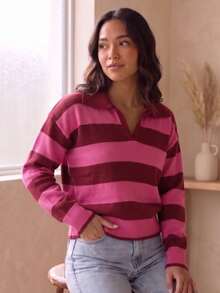Women's Striped Knit Polo Neck Long Sleeve Ribbed Knit Sweater For Autumn/Winter - Red/Pink - View 4