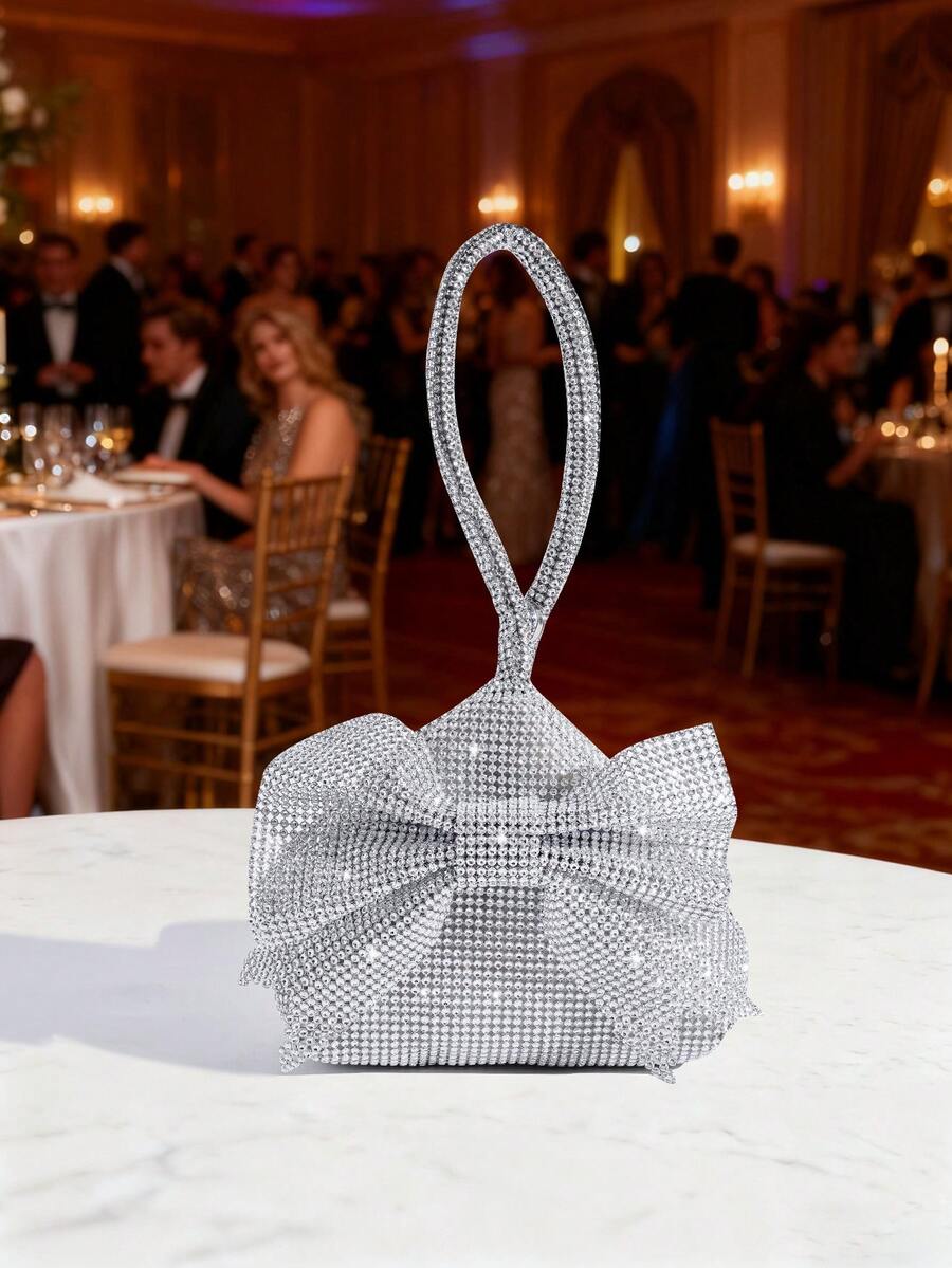 Sparkly Mini Bow Rhinestone Decor Evening Clutch Handbag Coin Purse Wallet - Silver - View 1