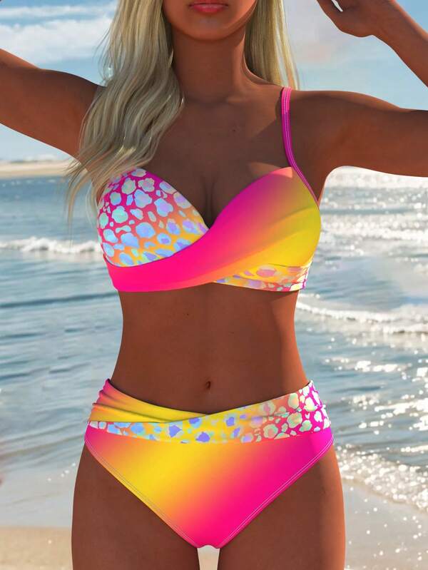 Women's Sexy Gradient Leopard Print Bikini Set, Spaghetti Strap Top, Summer Beach Outfit, New Random Print Vacation Travel Swimwear