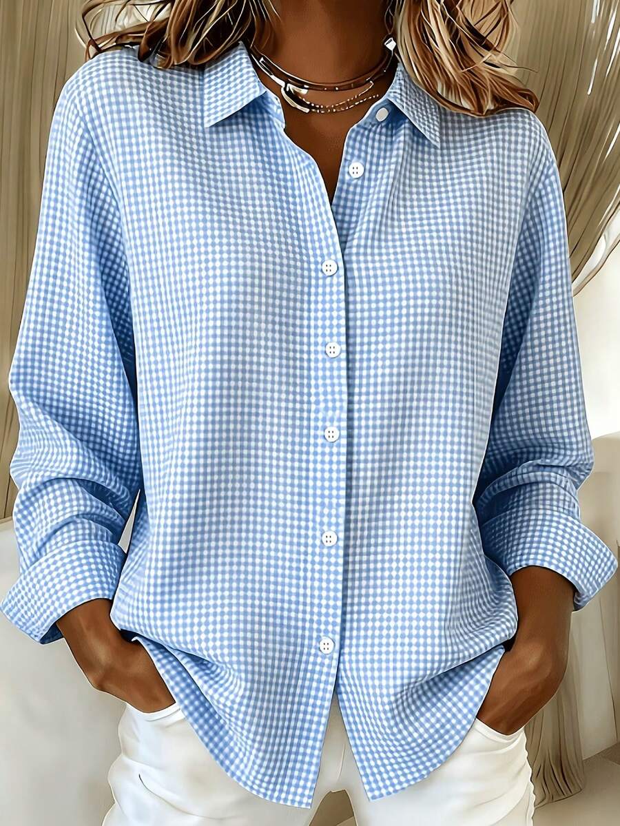 Kemeja Lengan Panjang Wanita Motif Kotak-kotak Kasual untuk Liburan - Baby Blue - View 1